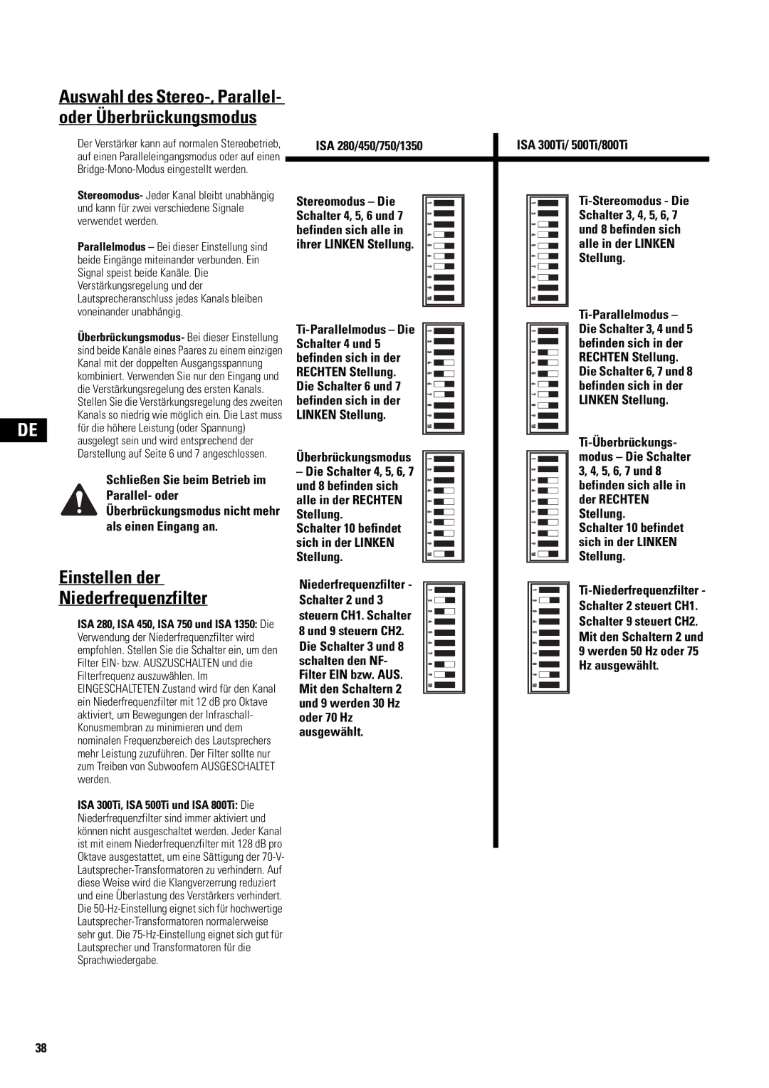 QSC Audio SA 1350 user manual Einstellen der Niederfrequenzfilter 