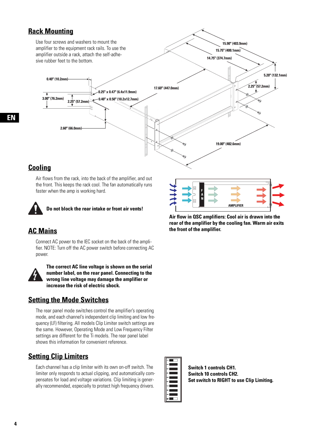 QSC Audio SA 1350 user manual Rack Mounting, Cooling, AC Mains, Setting the Mode Switches, Setting Clip Limiters 