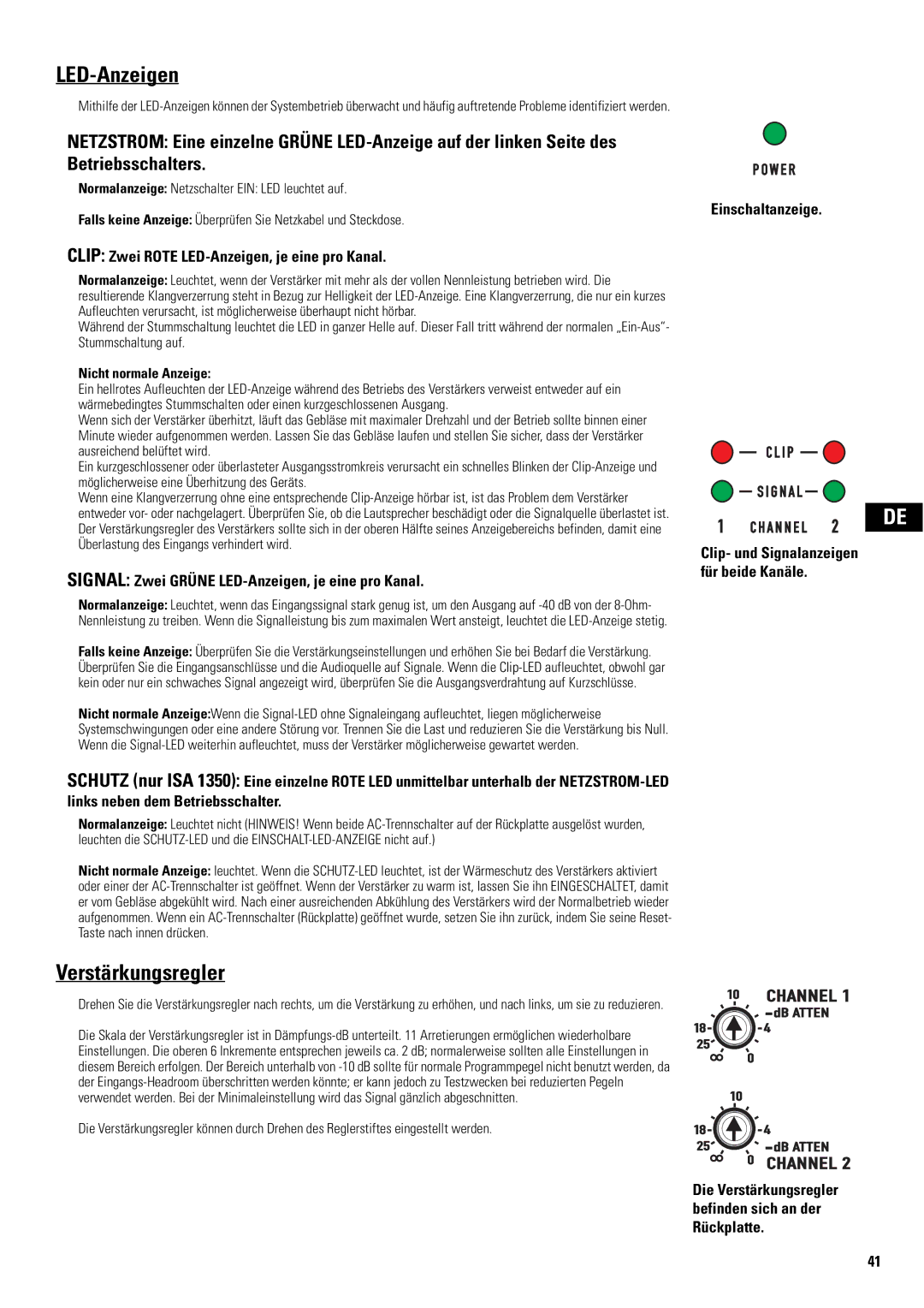 QSC Audio SA 1350 user manual Verstärkungsregler, Clip Zwei Rote LED-Anzeigen, je eine pro Kanal, Einschaltanzeige 