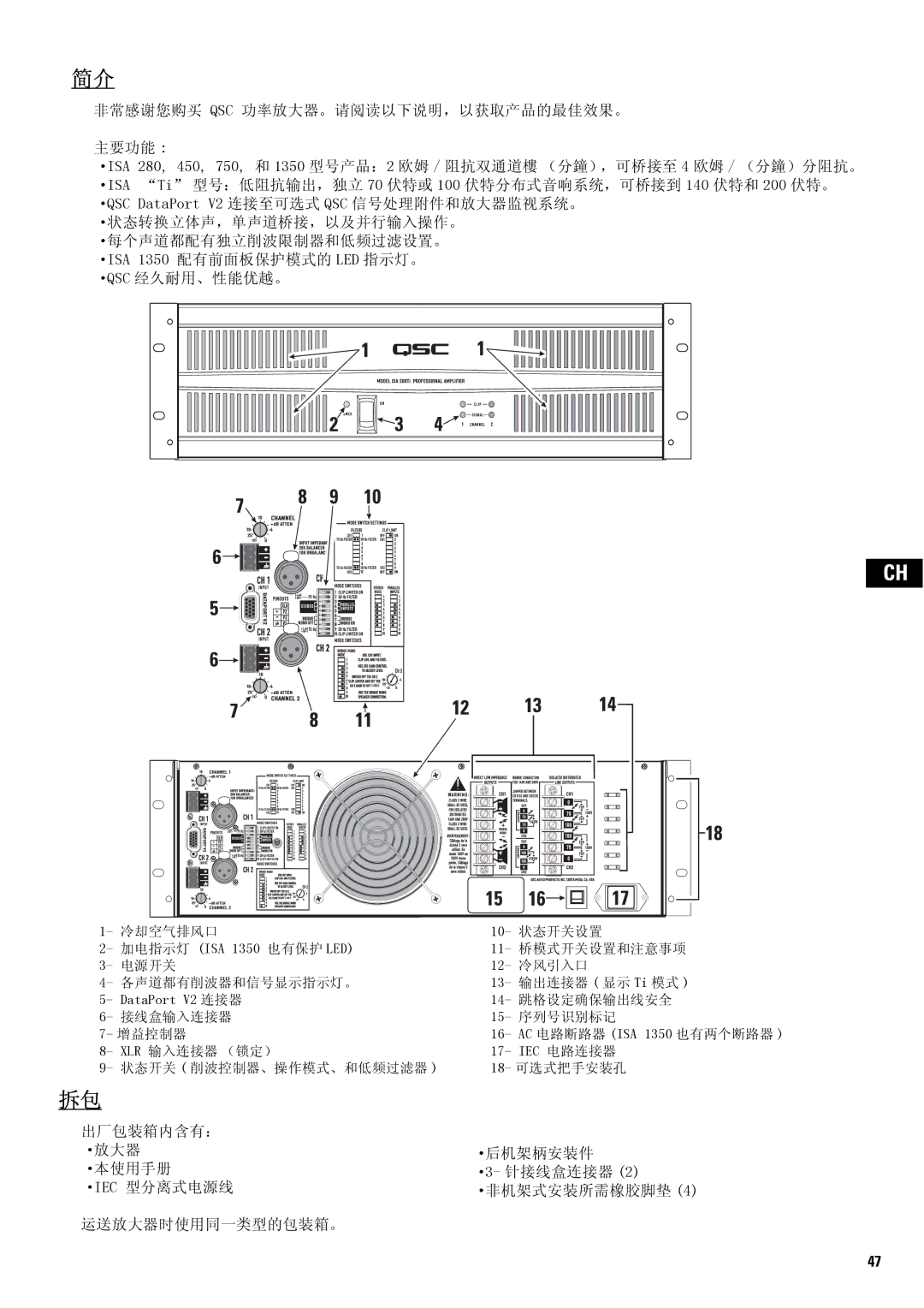 QSC Audio SA 1350 user manual XLR 输入连接器 （锁定） IEC 电路连接器 状态开关 削波控制器、操作模式、和低频过滤器 18- 可选式把手安装孔 