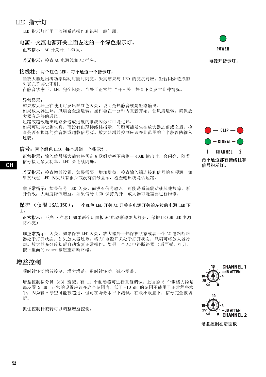 QSC Audio SA 1350 user manual Led 指示灯, 增益控制 