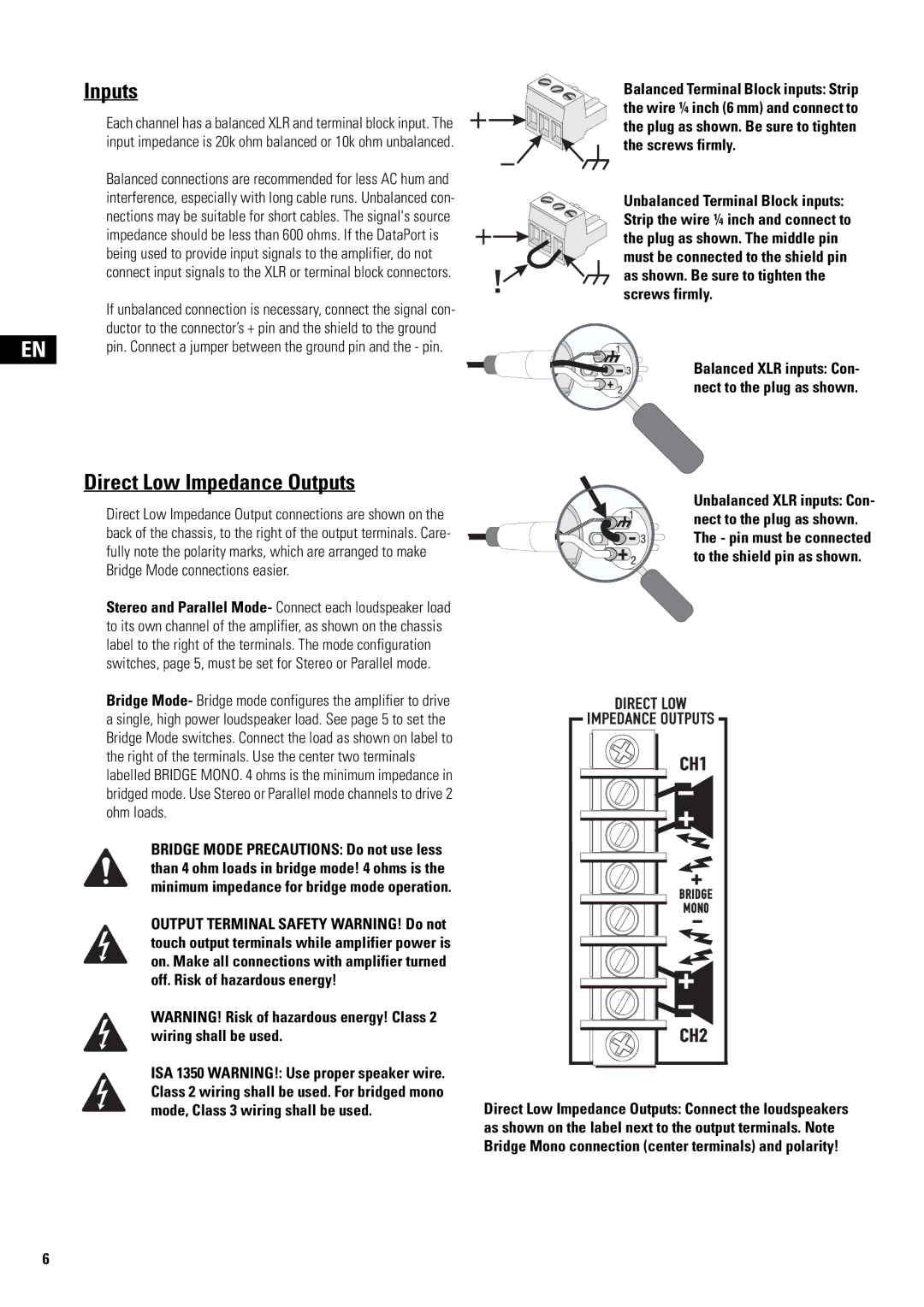 QSC Audio SA 1350 user manual Inputs, Direct Low Impedance Outputs 