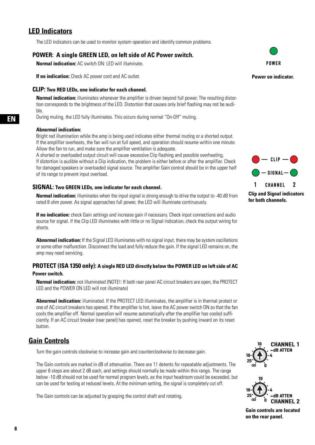 QSC Audio SA 1350 user manual LED Indicators, Gain Controls 