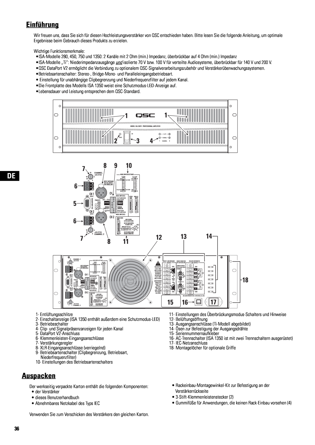 QSC Audio SA 1350 user manual Einführung, Auspacken 