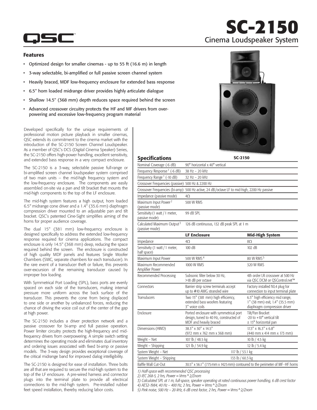 QSC Audio SC-2150 specifications Features, Specifications 