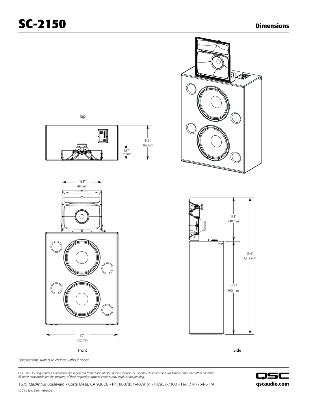 QSC Audio SC-2150 specifications Qscaudio.com, Top, Front Side 