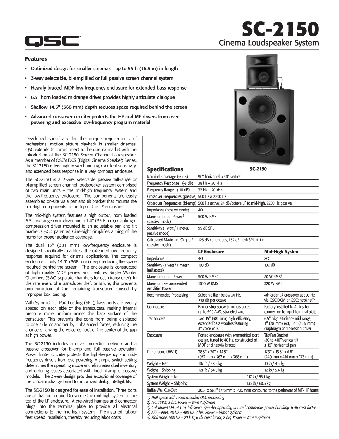 QSC Audio SC-2150 specifications Features, Specifications, Cinema Loudspeaker System 