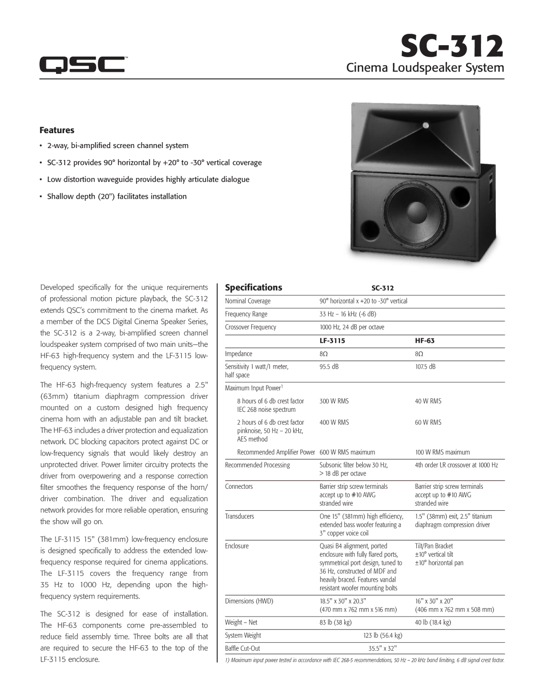 QSC Audio SC-312 specifications Features, Specifications 