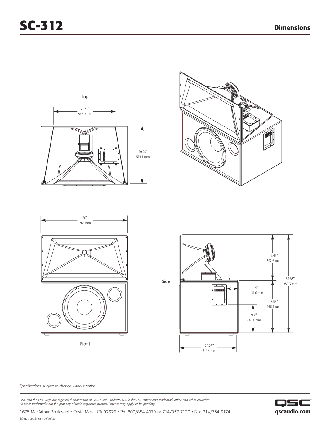 QSC Audio SC-312 specifications Qscaudio.com, Top, Side Front 