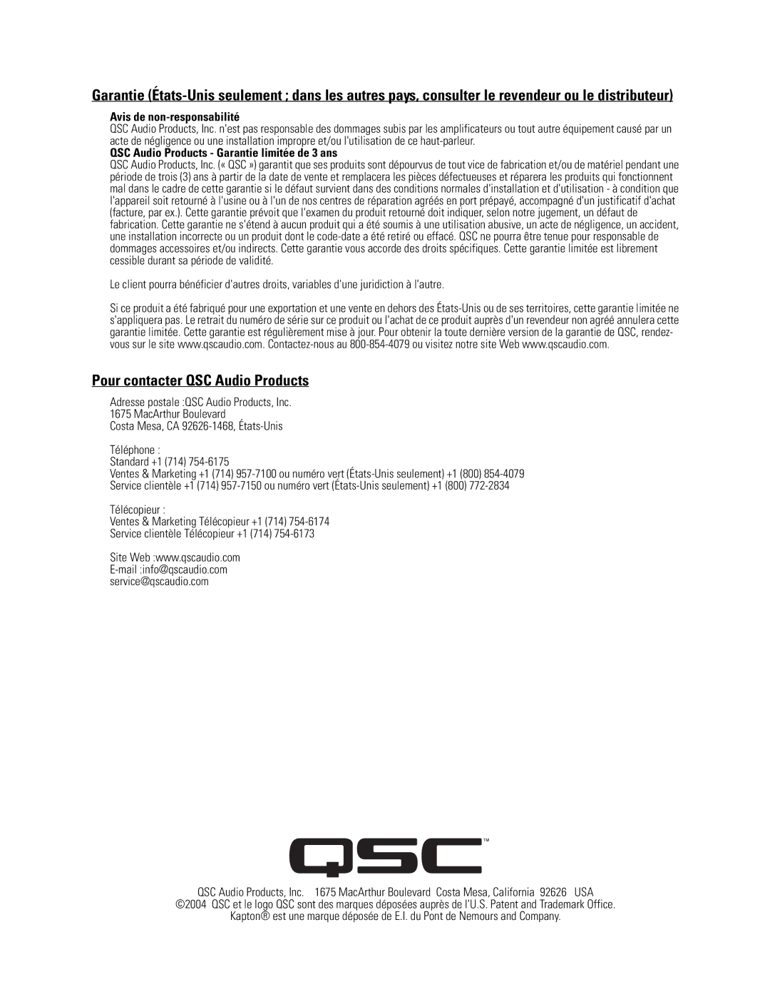 QSC Audio SC-312X specifications Pour contacter QSC Audio Products, Avis de non-responsabilité 