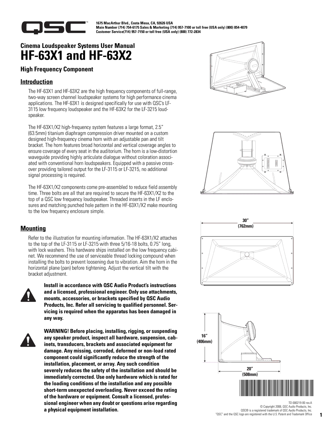 QSC Audio SC-312X specifications High Frequency Component Introduction, Mounting 