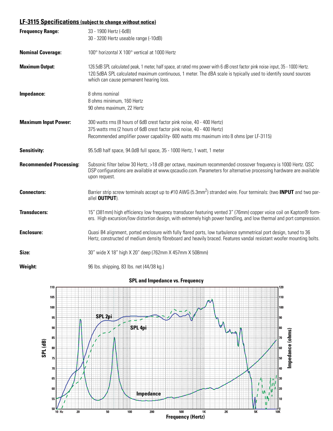 QSC Audio SC-312X Which can cause permanent hearing loss, Impedance Ohms nominal, Upon request, Allel Output, Enclosure 