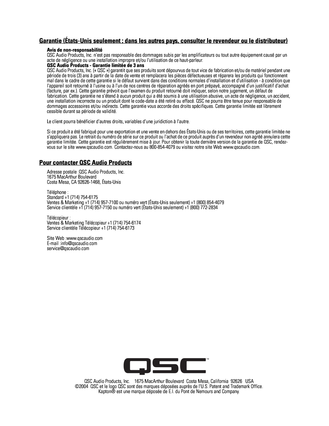 QSC Audio SC-312X specifications Pour contacter QSC Audio Products, Avis de non-responsabilité 