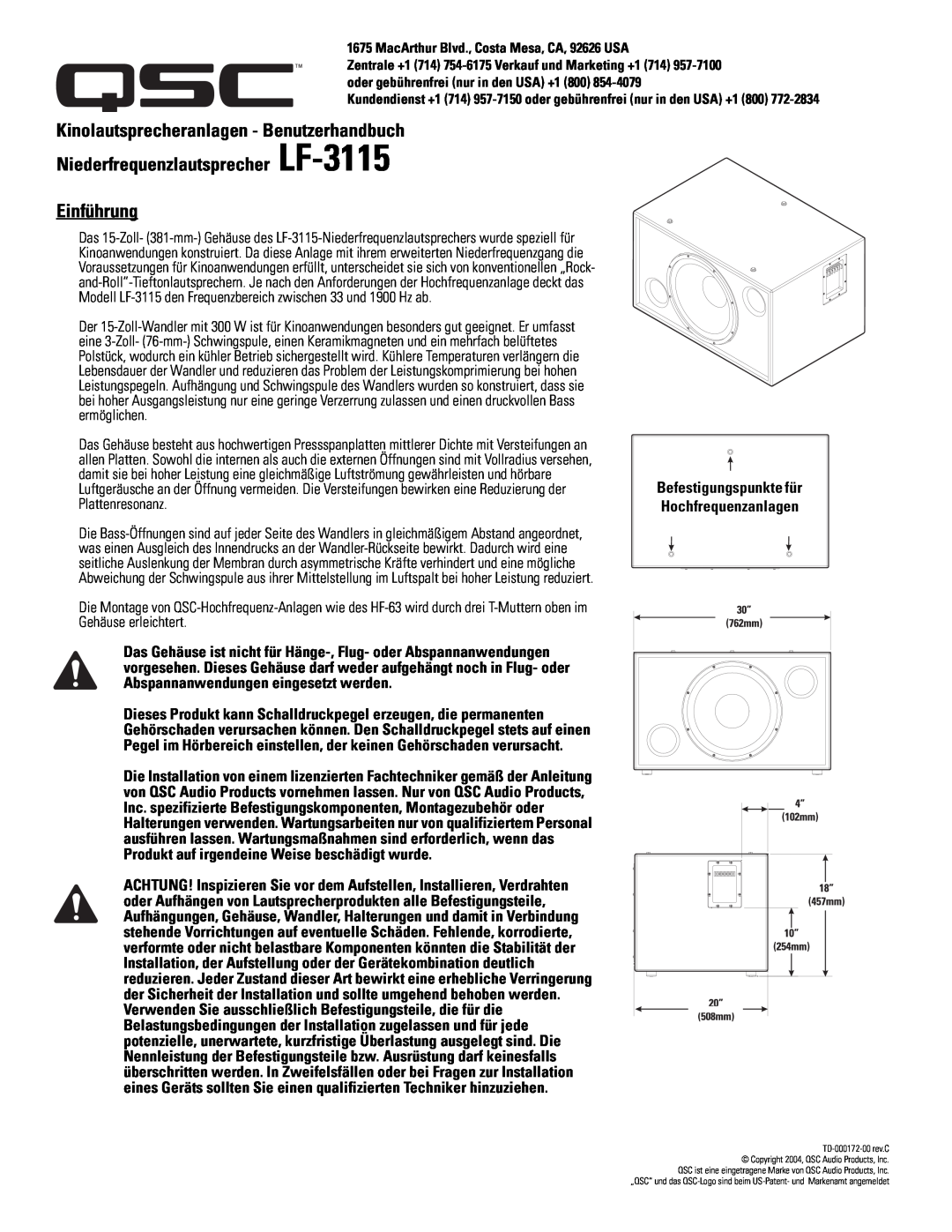 QSC Audio SC-312X specifications Kinolautsprecheranlagen - Benutzerhandbuch, Niederfrequenzlautsprecher LF-3115 Einführung 