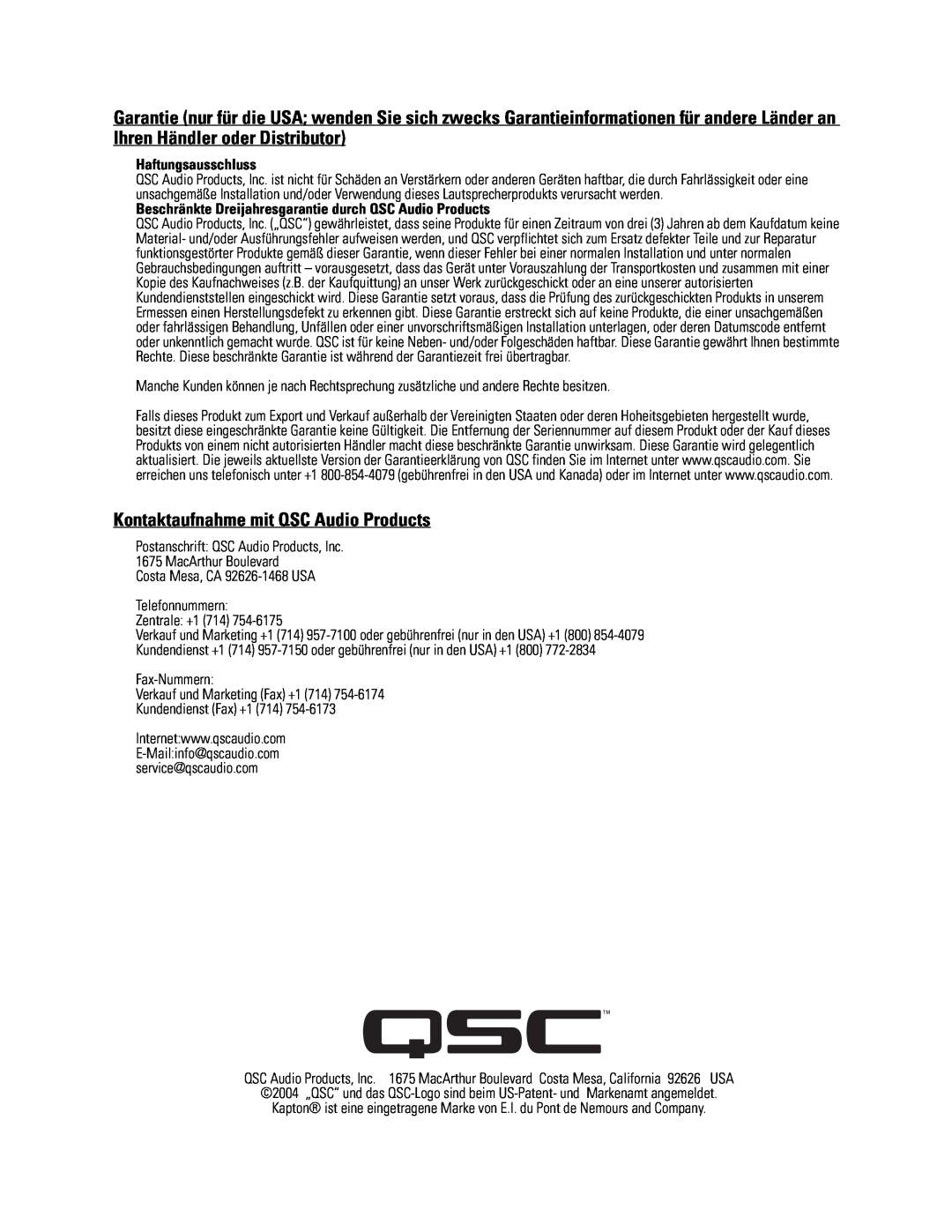 QSC Audio SC-312X specifications Kontaktaufnahme mit QSC Audio Products, Haftungsausschluss 