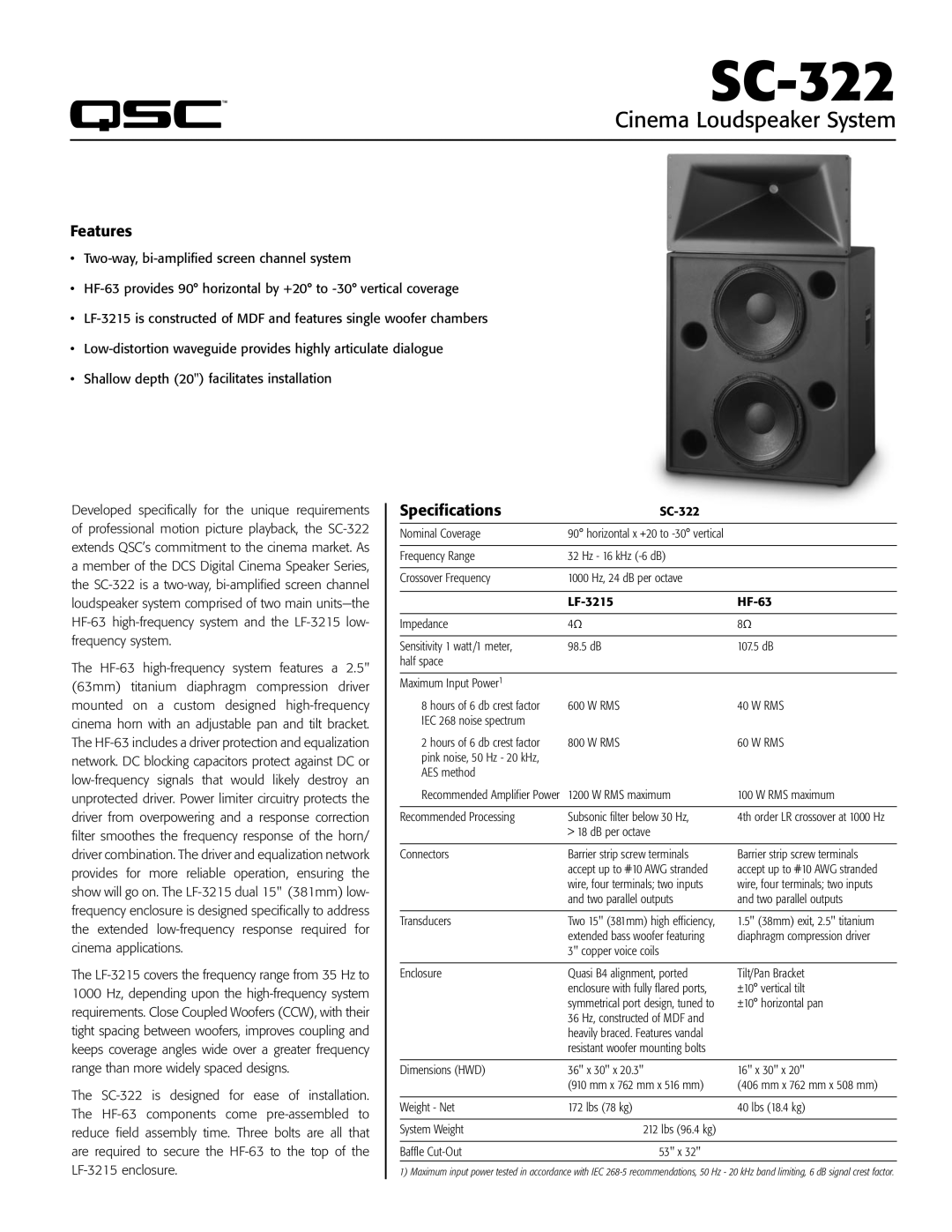 QSC Audio SC-322 specifications 