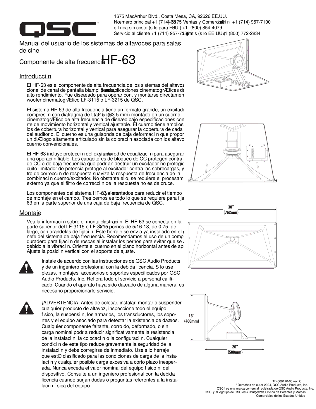 QSC Audio SC-322 specifications Montaje, Lación física del equipo 