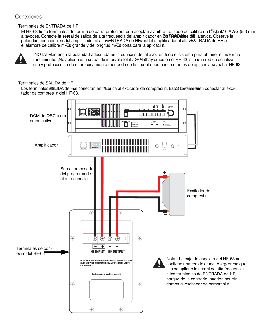 QSC Audio SC-322 Conexiones, Terminales de Entrada de HF, Terminales de Salida de HF, Terminales de con- exión del HF-63 