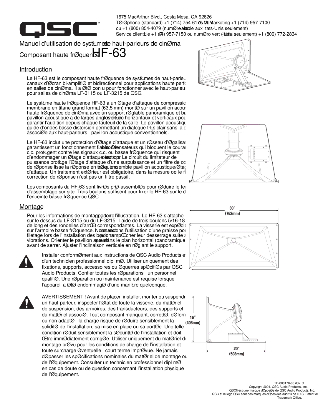 QSC Audio SC-322 specifications Montage, MacArthur Blvd., Costa Mesa, CA 