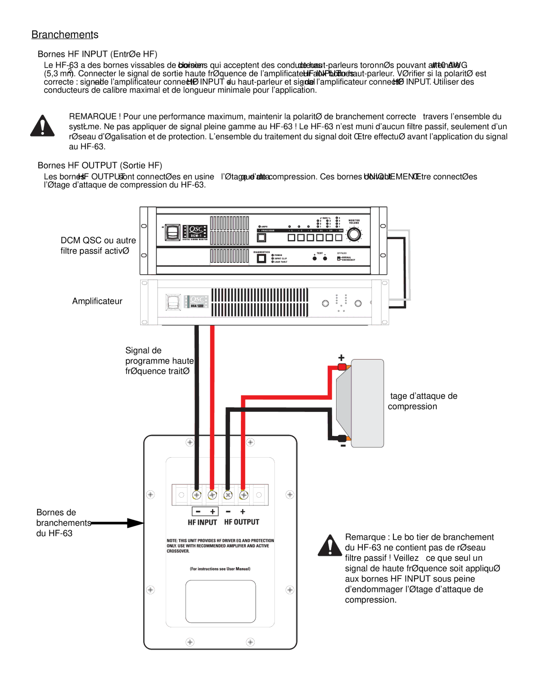 QSC Audio SC-322 specifications Branchements, Bornes HF Input Entrée HF, Étage dattaque de compression 