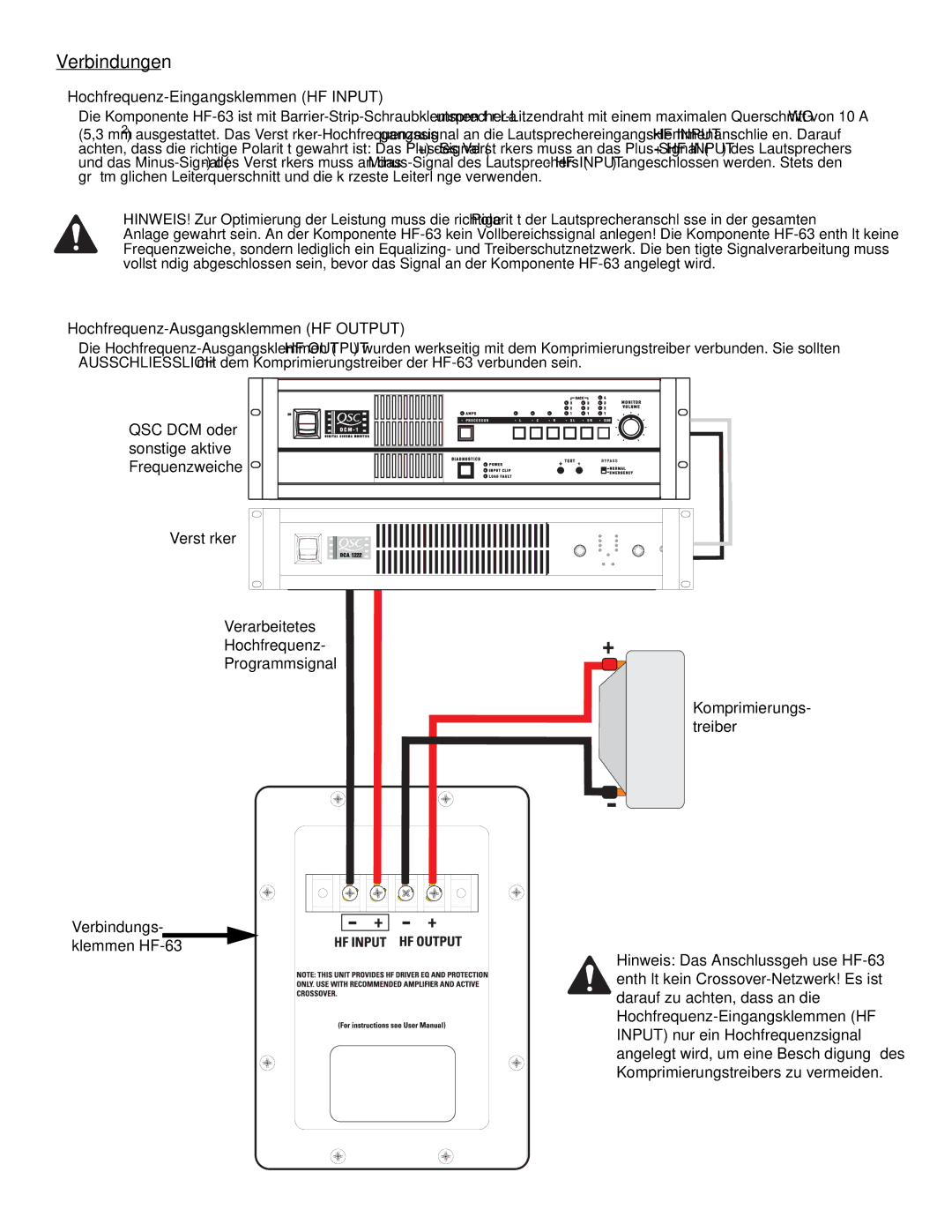 QSC Audio SC-322 specifications Verbindungen, Hochfrequenz-Eingangsklemmen HF Input, Hochfrequenz-Ausgangsklemmen HF Output 