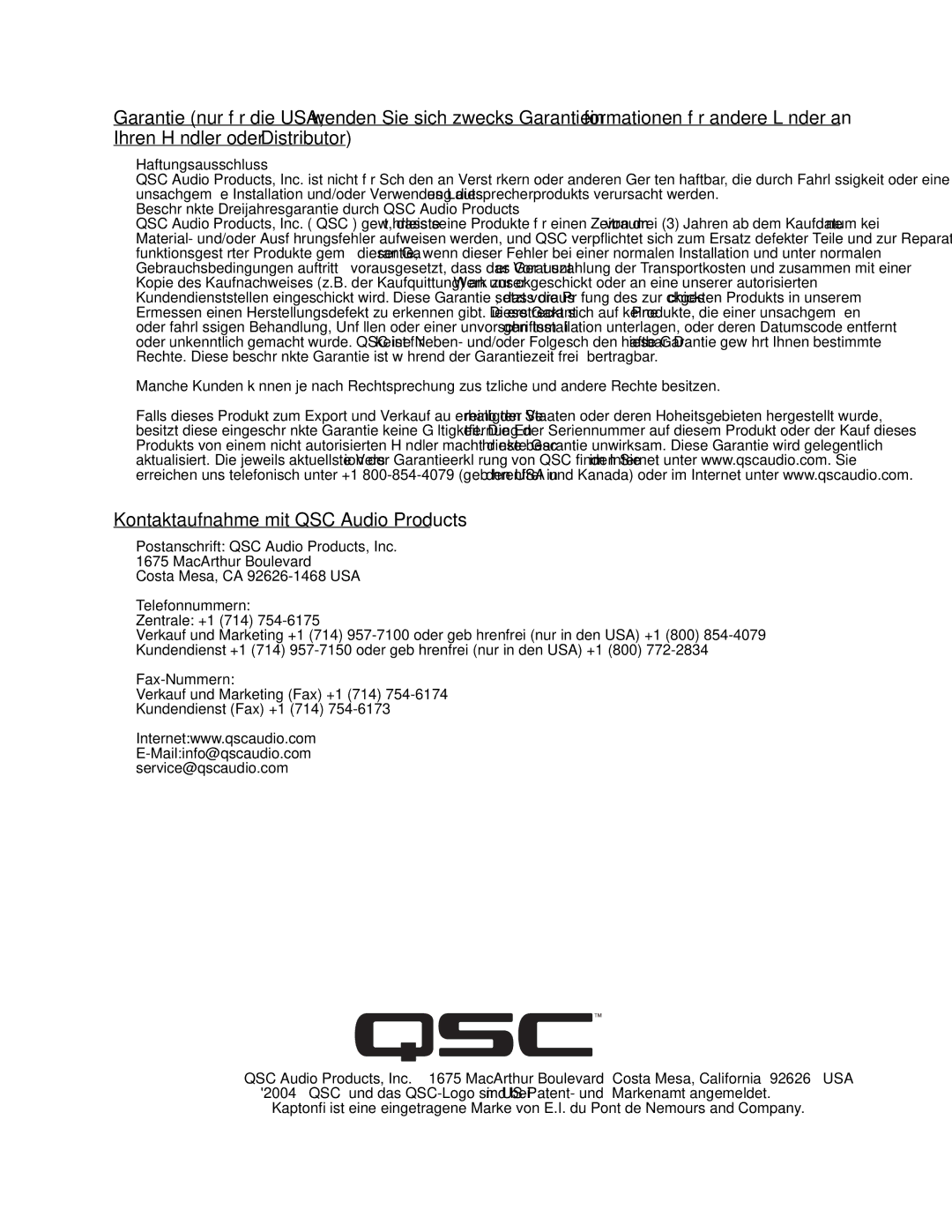 QSC Audio SC-322 specifications Kontaktaufnahme mit QSC Audio Products 