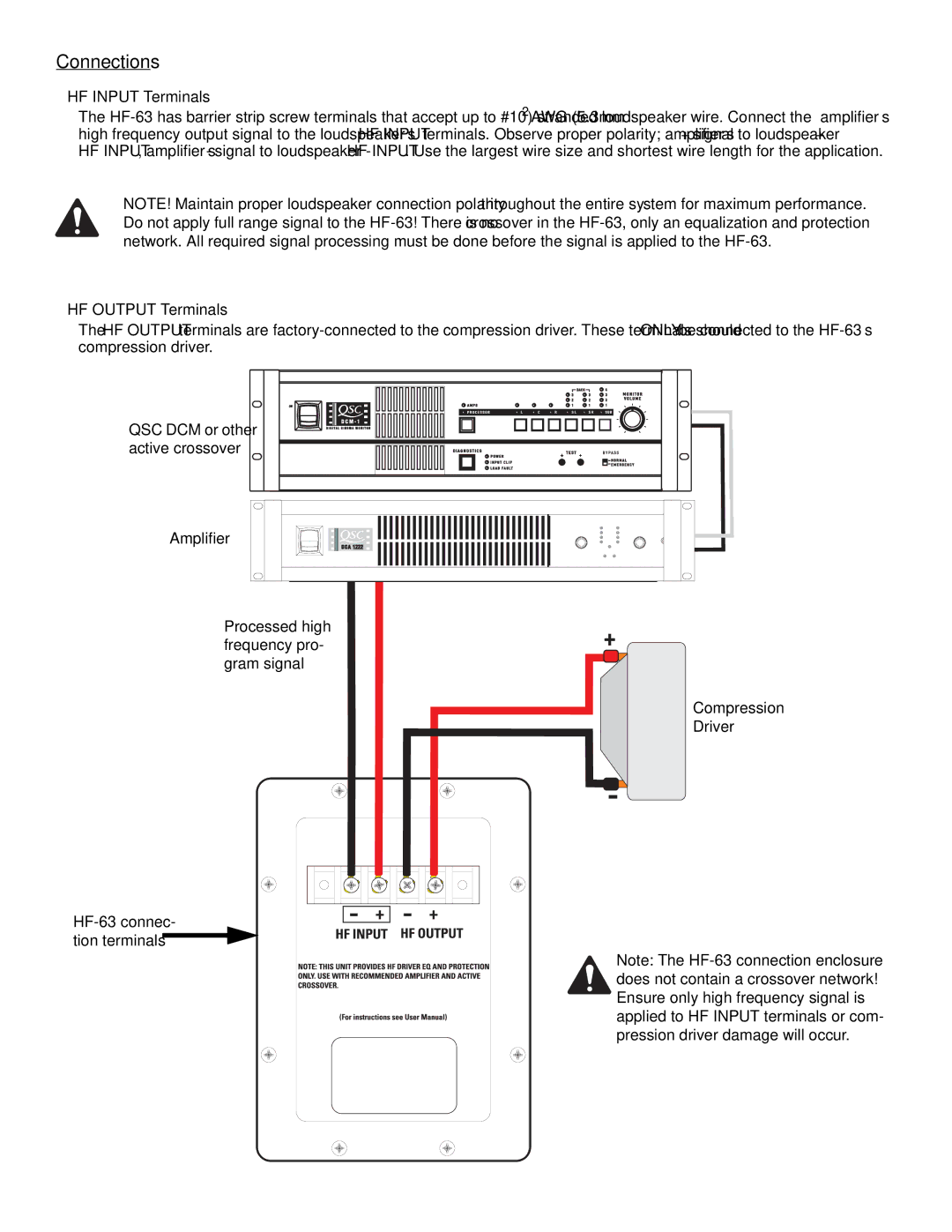 QSC Audio SC-322 Connections, HF Input Terminals, HF Output Terminals, Compression Driver HF-63 connec- tion terminals 