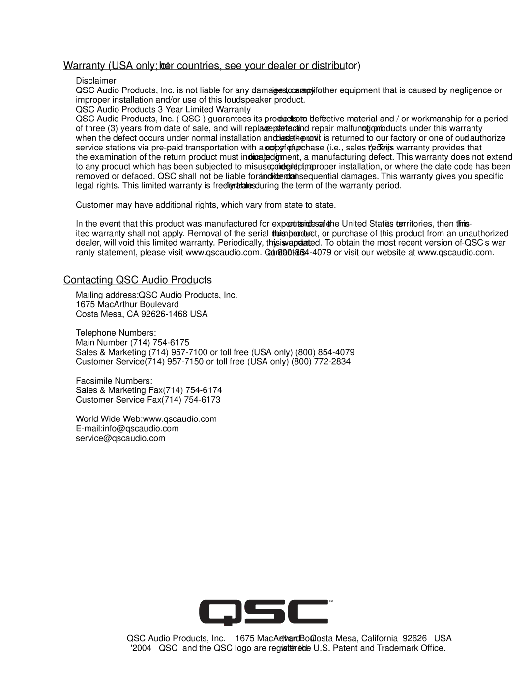 QSC Audio SC-322 specifications Contacting QSC Audio Products, Disclaimer, QSC Audio Products 3 Year Limited Warranty 