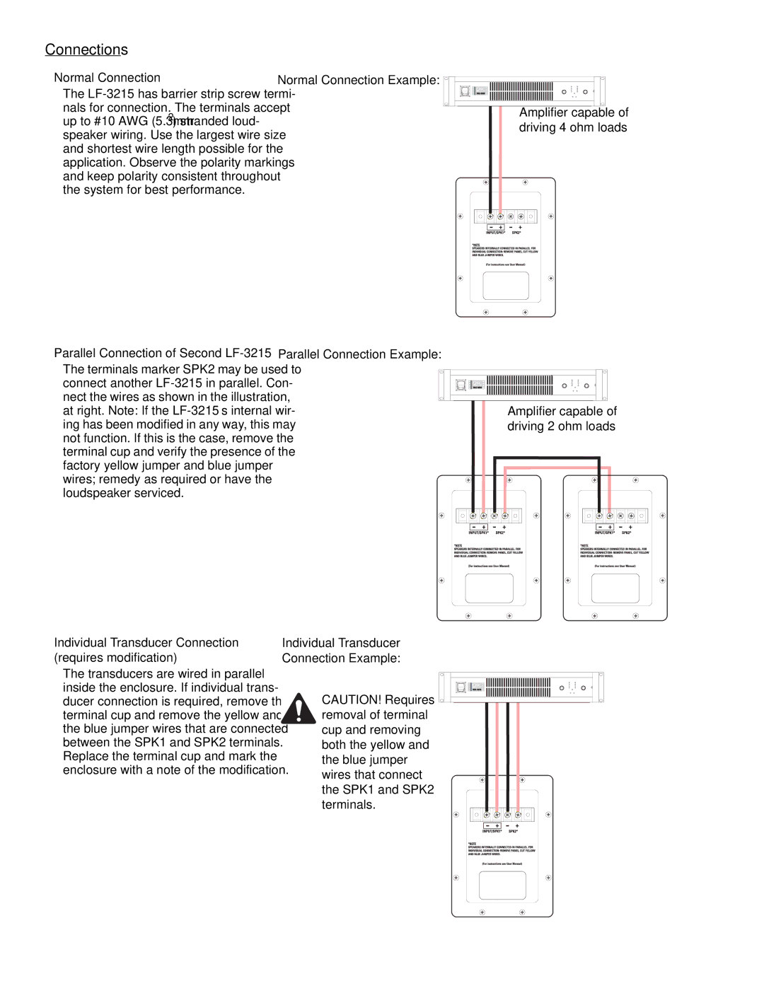 QSC Audio SC-322 Normal Connection Example, Parallel Connection Example, Individual Transducer Connection Example 