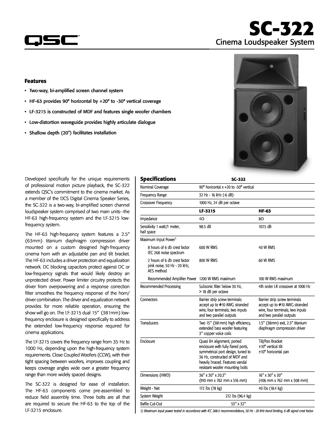 QSC Audio SC-322 specifications Cinema Loudspeaker System 