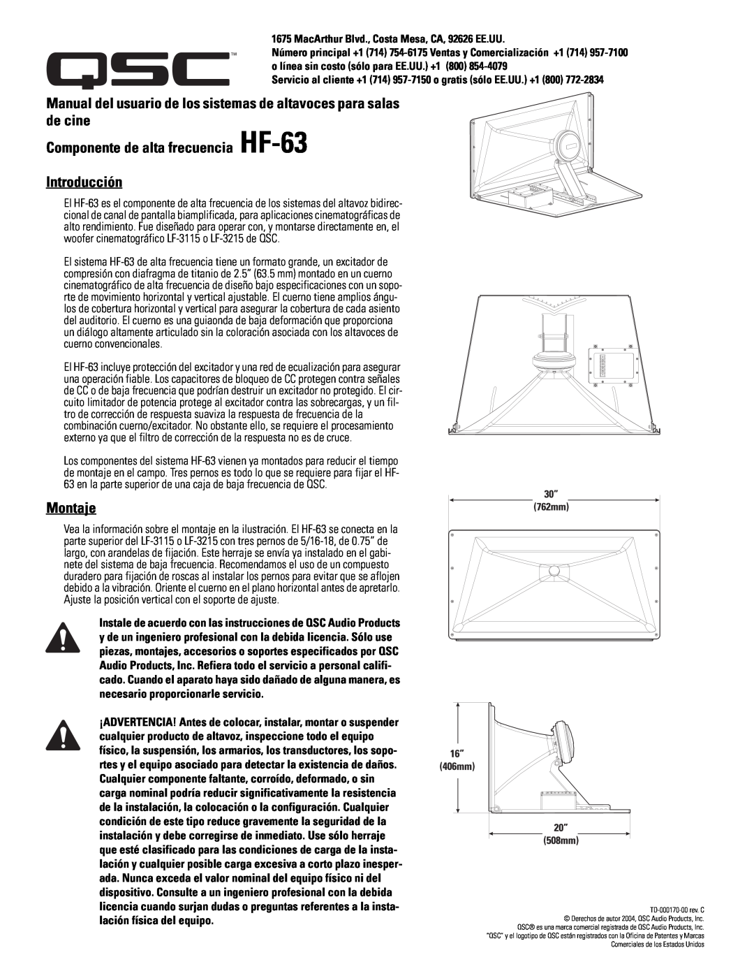 QSC Audio SC-322 specifications Componente de alta frecuencia HF-63 Introducción, Montaje 