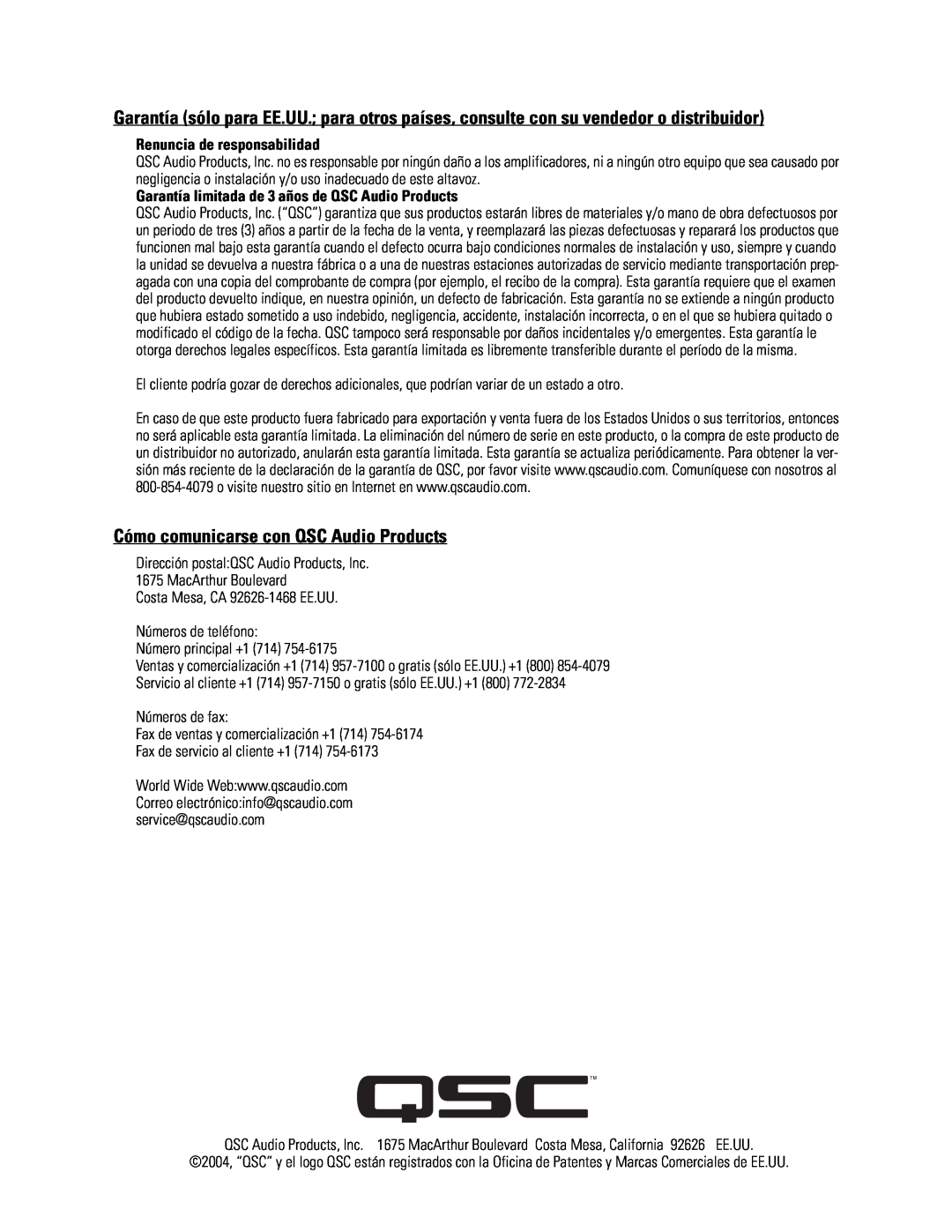 QSC Audio SC-322 specifications Cómo comunicarse con QSC Audio Products, Renuncia de responsabilidad 