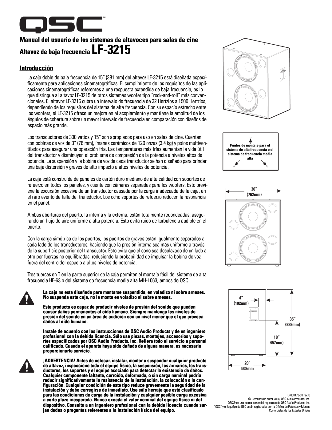 QSC Audio SC-322 specifications Introducción 