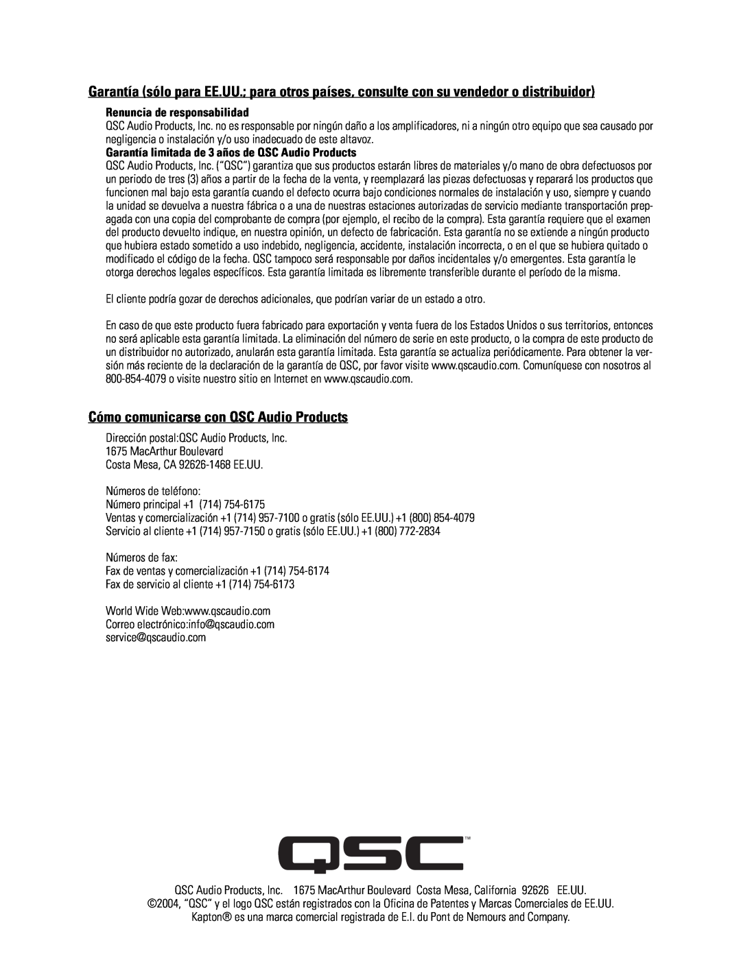 QSC Audio SC-322 specifications Cómo comunicarse con QSC Audio Products, Costa Mesa, CA 92626-1468EE.UU 