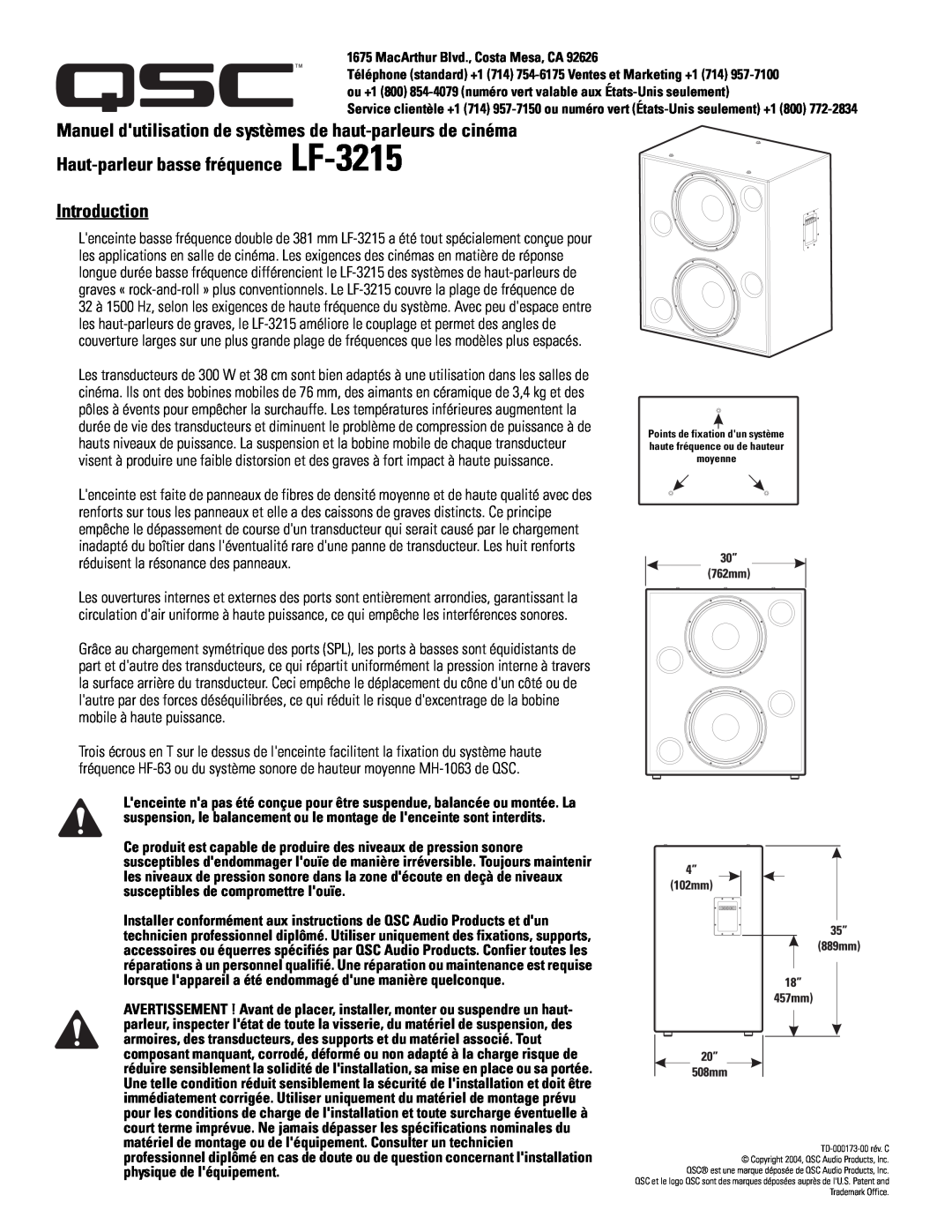QSC Audio SC-322 specifications Introduction, MacArthur Blvd., Costa Mesa, CA 