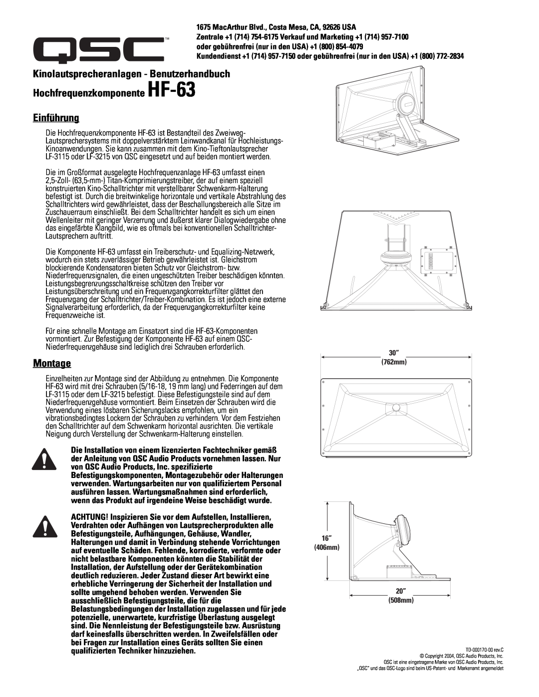 QSC Audio SC-322 Kinolautsprecheranlagen - Benutzerhandbuch, Hochfrequenzkomponente HF-63 Einführung, Montage 