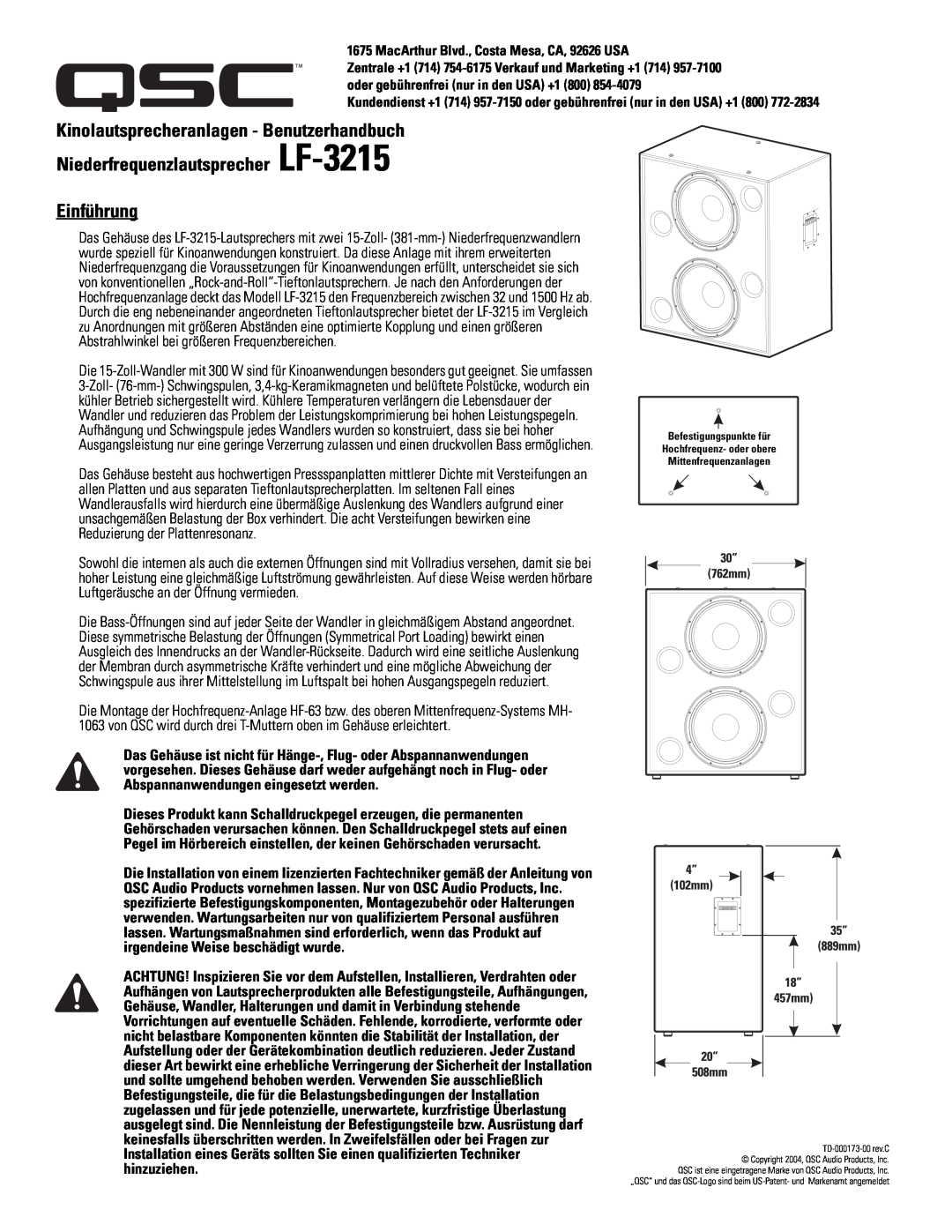 QSC Audio SC-322 specifications Niederfrequenzlautsprecher LF-3215 Einführung, Kinolautsprecheranlagen - Benutzerhandbuch 