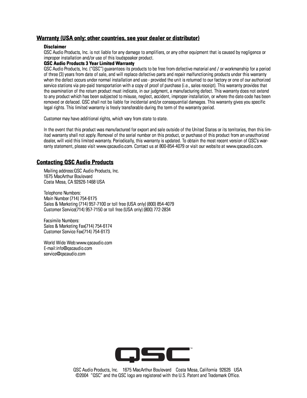 QSC Audio SC-322 specifications Contacting QSC Audio Products, Disclaimer, QSC Audio Products 3 Year Limited Warranty 
