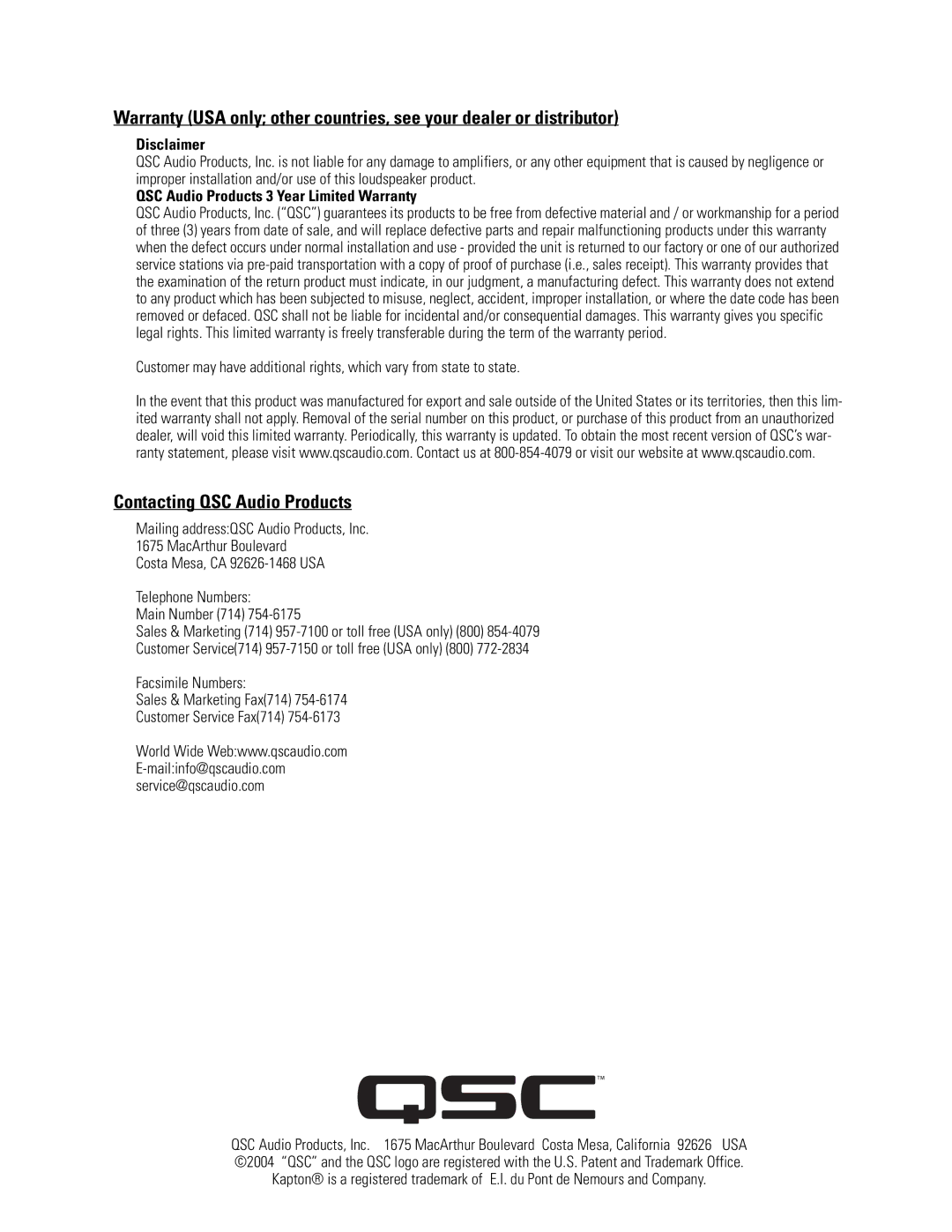 QSC Audio SC-322X specifications Contacting QSC Audio Products 