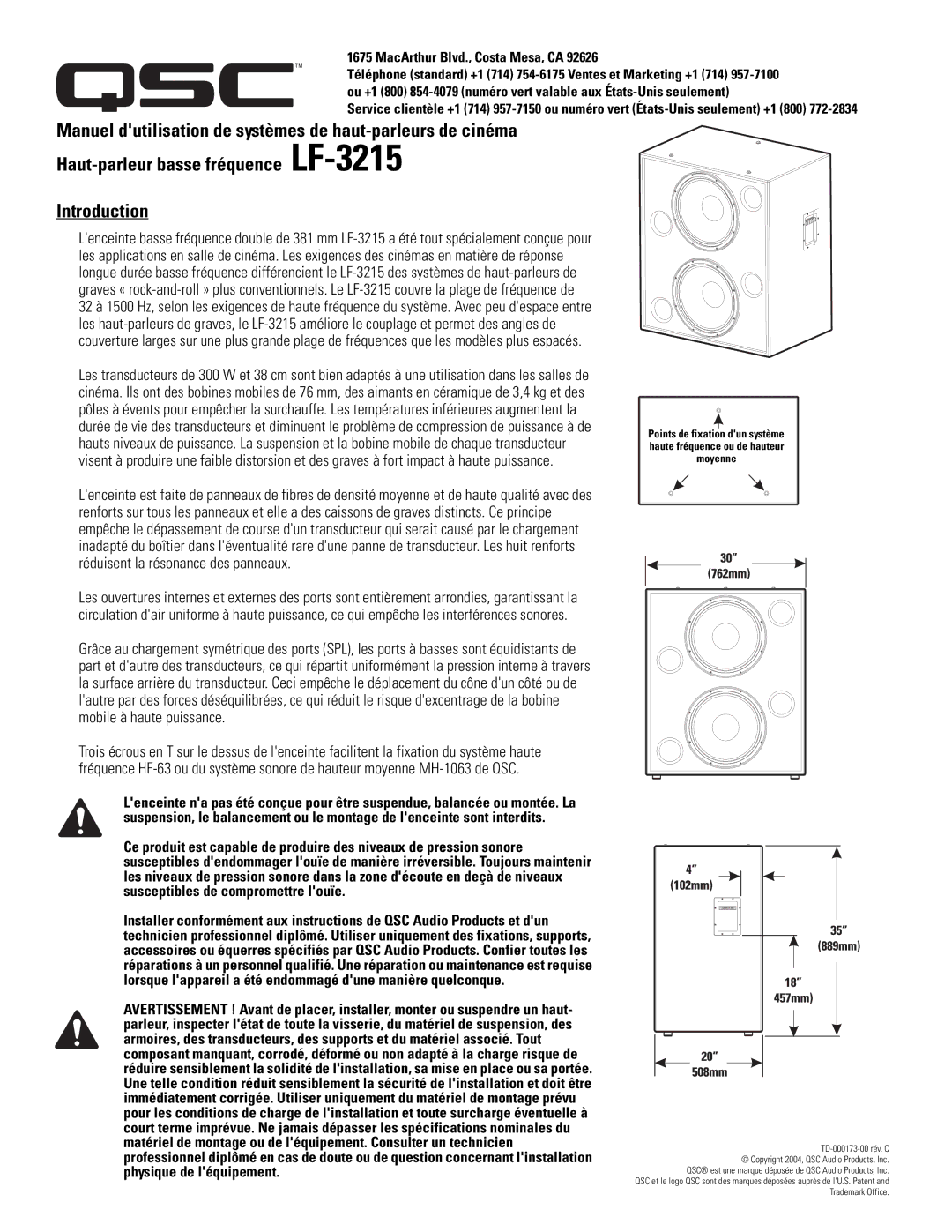 QSC Audio SC-322X specifications Introduction, MacArthur Blvd., Costa Mesa, CA 