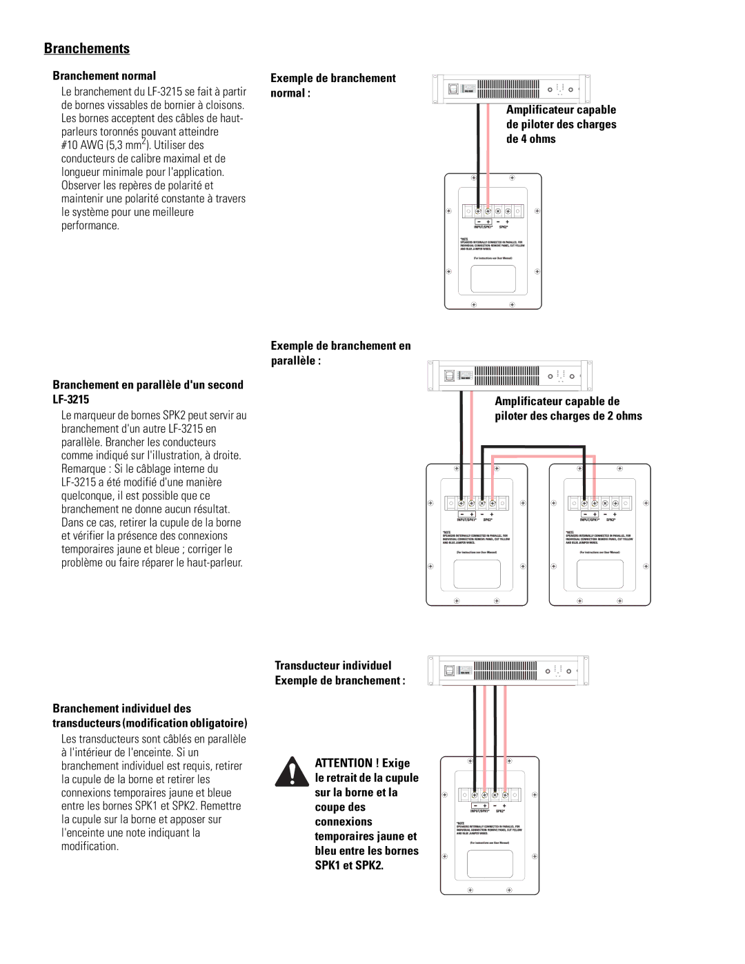 QSC Audio SC-322X specifications Branchements, Branchement normal, Branchement en parallèle dun second LF-3215 