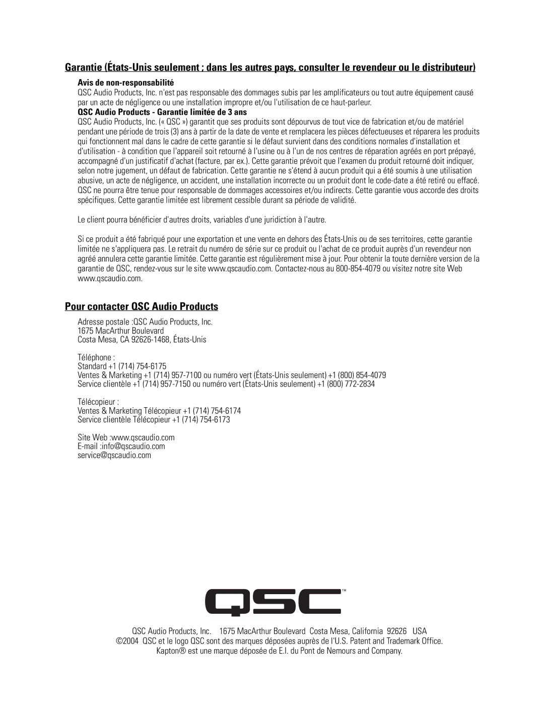 QSC Audio SC-322X specifications Pour contacter QSC Audio Products, Avis de non-responsabilité 