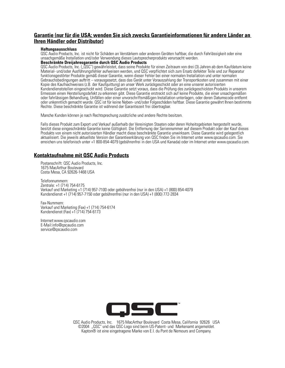 QSC Audio SC-322X specifications Kontaktaufnahme mit QSC Audio Products, Haftungsausschluss 