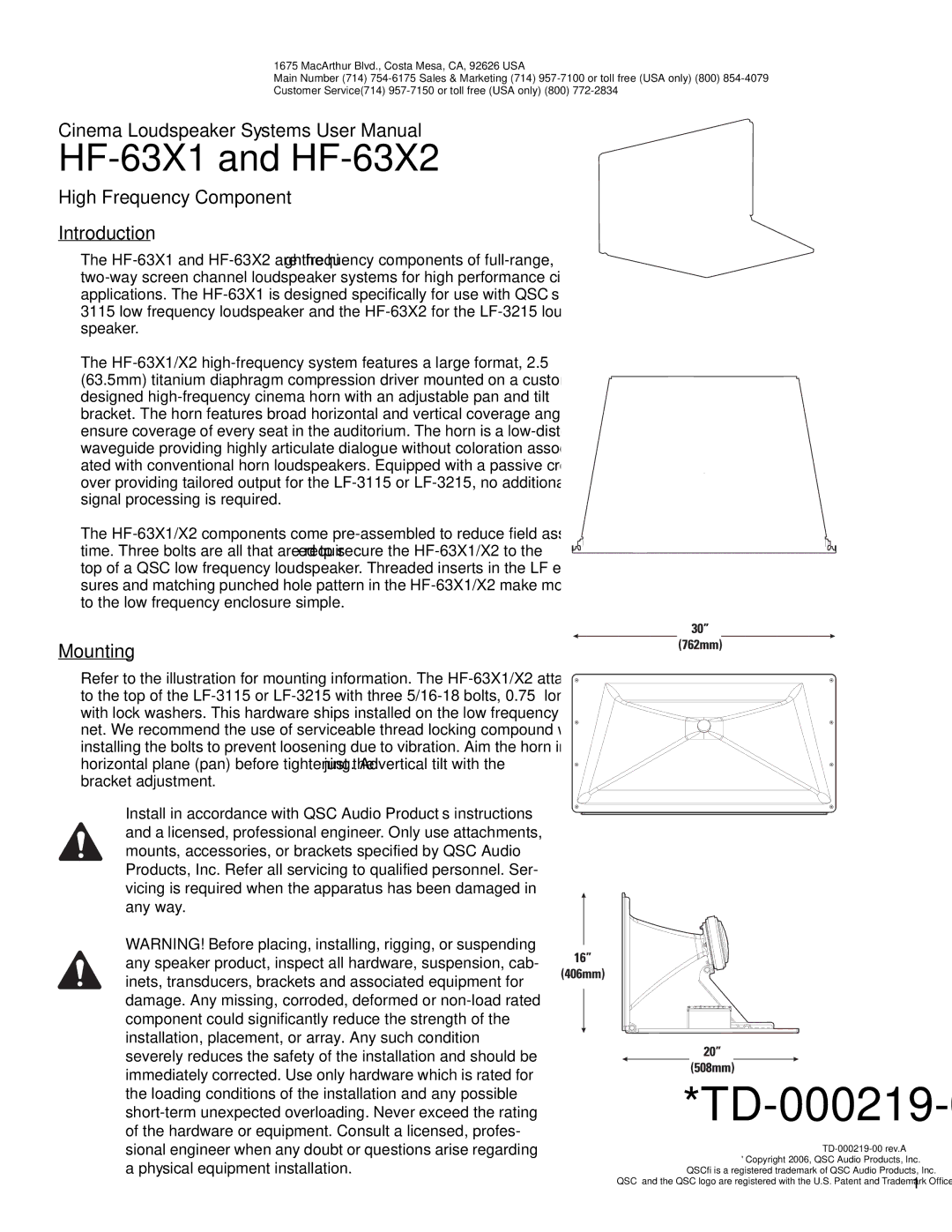 QSC Audio SC-322X specifications High Frequency Component Introduction, Mounting 