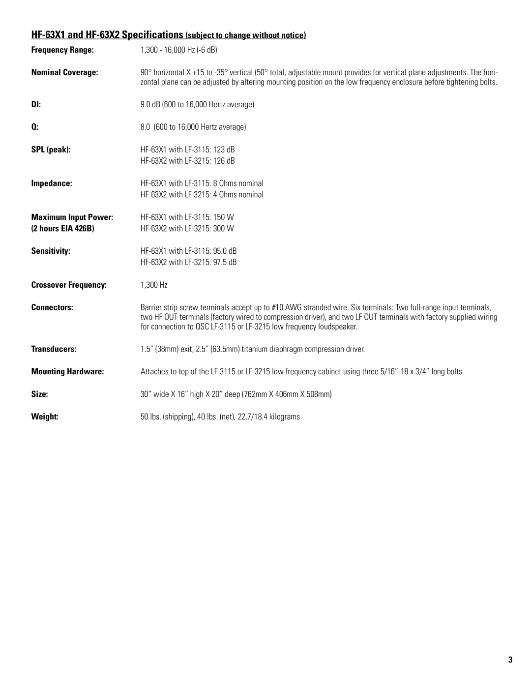 QSC Audio SC-322X Frequency Range, Nominal Coverage, SPL peak, Impedance, Maximum Input Power, Hours EIA 426B, Sensitivity 