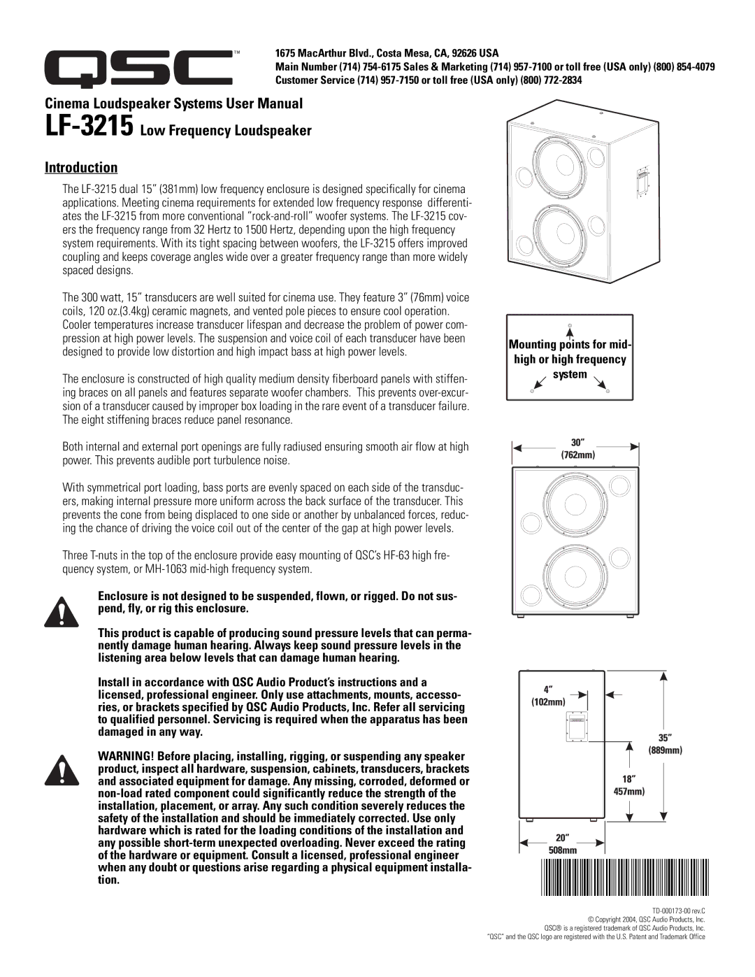 QSC Audio SC-322X LF-3215Low Frequency Loudspeaker Introduction, Mounting points for mid- high or high frequency system 