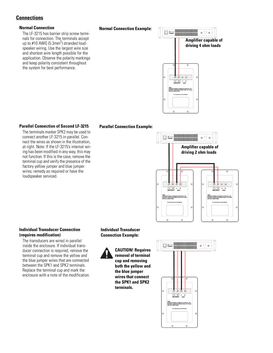 QSC Audio SC-322X Normal Connection Example, Parallel Connection Example, Individual Transducer Connection Example 