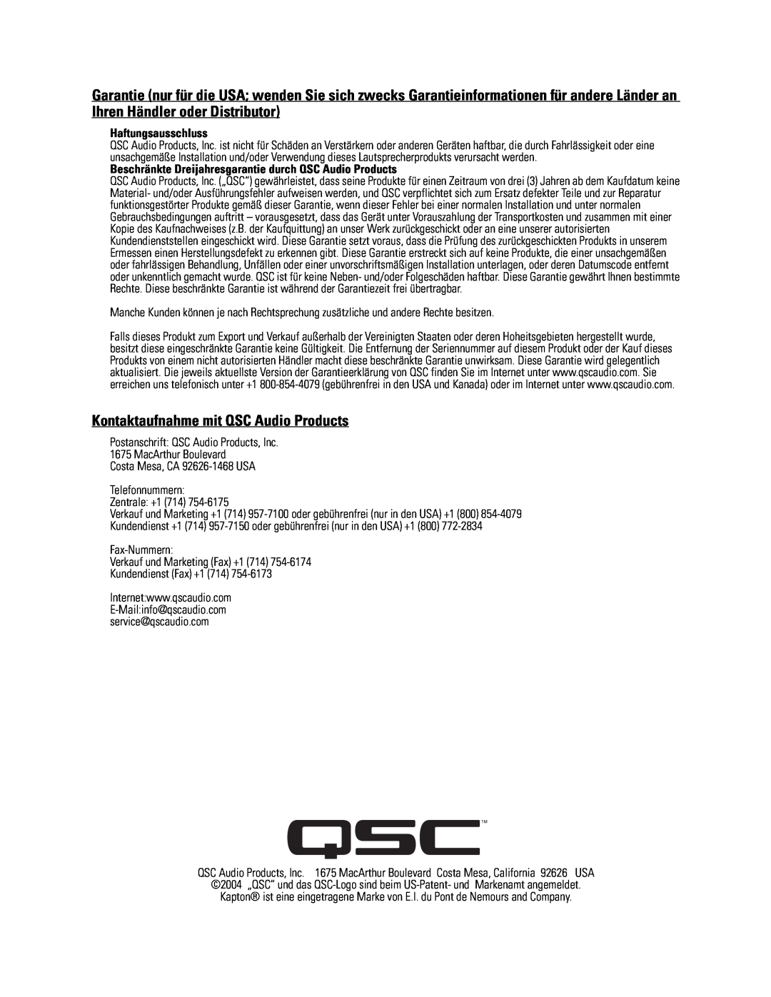 QSC Audio SC-322X specifications Kontaktaufnahme mit QSC Audio Products, Haftungsausschluss 