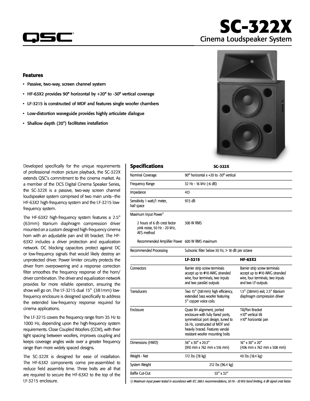QSC Audio SC-322X specifications Cinema Loudspeaker System, Passive, two-way,screen channel system 