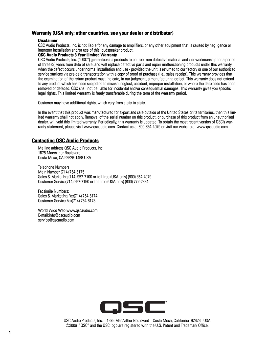 QSC Audio SC-322X specifications Contacting QSC Audio Products, Disclaimer, QSC Audio Products 3 Year Limited Warranty 